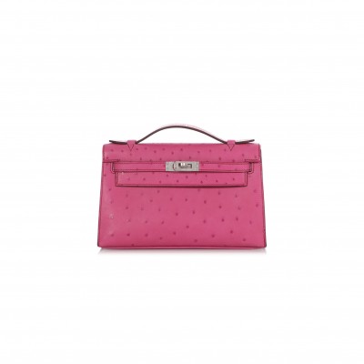 HERMÈS MASTER FUCHSIA OSTRICH KELLY POCHETTE PALLADIUM HARDWARE (22*14*7cm) 